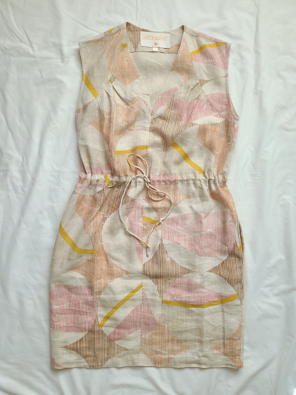 Lauren Moffatt Pink & Beige Drawstring Midi Dress with Yellow Accents
